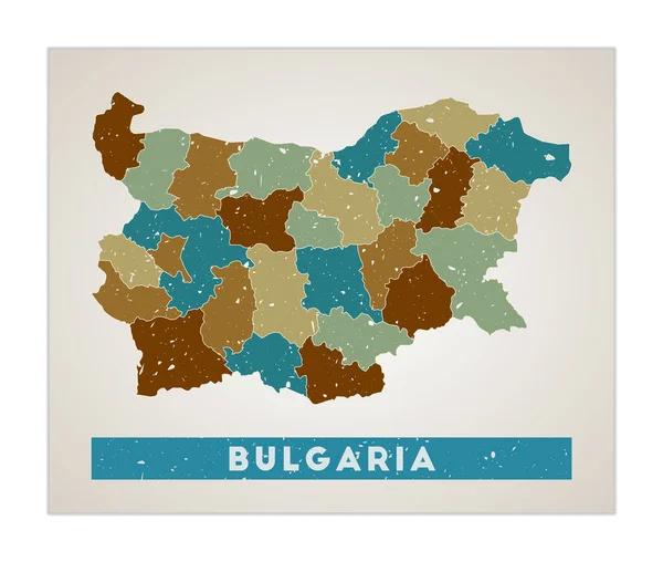 Bulgária mapa País pôster com regiões Velha textura grunge Forma da Bulgária com nome do país —  Vetores de Stock