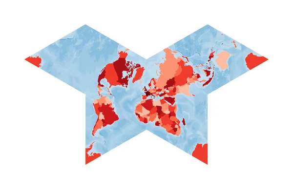 Mundo Mapa Gnomônico borboleta projeção Mundo em cores vermelhas com azul oceano Vetor ilustração — Vetor de Stock