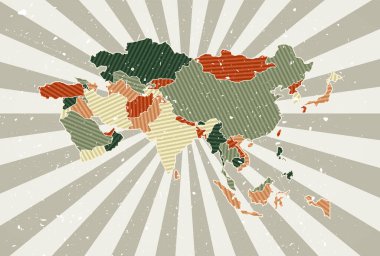 Asia vintage map. Grunge poster with map of the continent in retro color palette. Shape of Asia with sunburst rays background. Vector illustration.