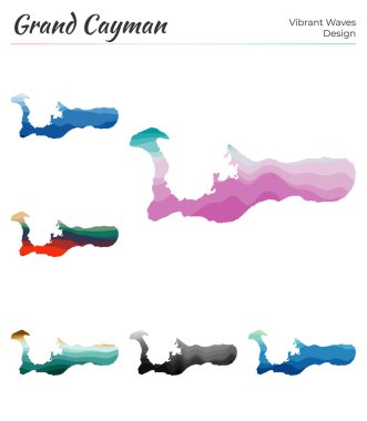 Set of vector maps of Grand Cayman. Vibrant waves design. Bright map of island in geometric smooth curves style. Multicolored Grand Cayman map for your design. Astonishing vector illustration.