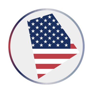 Rhode Island ikonu. Rhode Island bayrağıyla Amerikan eyaletinin şekli. Bayrak renkleri eğimli yuvarlak tabela. Şaşırtıcı vektör çizimi.