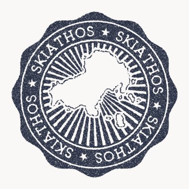 Skiathos damgası. Adanın adını ve haritasını içeren lastik damga ile seyahat et, vektör çizimi. Skiathos 'un amblemi, amblemi, etiketi, çıkartması ya da rozeti olarak kullanılabilir..