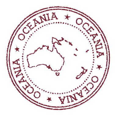Okyanusya, kıta haritalı lastik damga. Dairesel metin ve yıldızlı klasik kırmızı pasaport damgası, vektör illüstrasyonu.