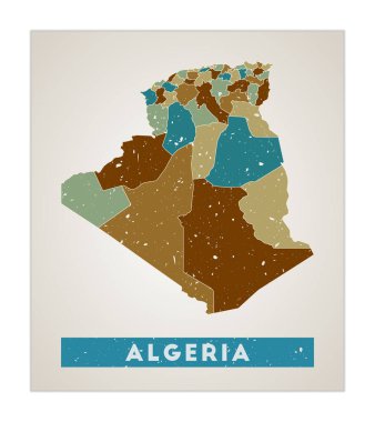 Cezayir haritası. Bölgeli taşra posteri. Eski grunge dokusu. Cezayir 'in ülke adıyla şekillendirilmiş hali. Müthiş vektör illüstrasyonu.