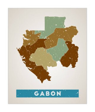 Gabon haritası. Bölgeli taşra posteri. Eski grunge dokusu. Gabon 'un taşra isimli hali. Parlak vektör illüstrasyonu.