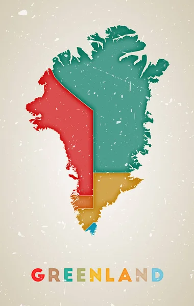 Mapa da Gronelândia Cartaz do país com regiões coloridas Textura grunge antiga Ilustração vetorial de —  Vetores de Stock