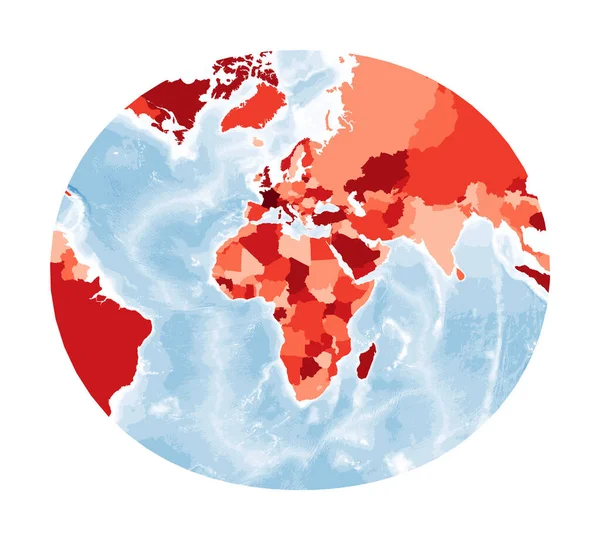 Mapa do Mundo Projecção estereográfica modificada para a Europa e África Mundo em cores vermelhas com azul —  Vetores de Stock