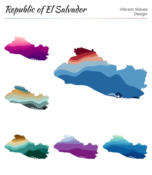 Ensemble de cartes vectorielles de République d'El Salvador Conception d'ondes vibrantes Carte lumineuse du pays en — Image vectorielle