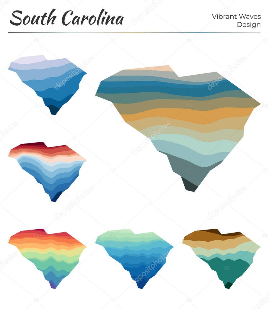 Set of vector maps of South Carolina Vibrant waves design Bright map of us state in geometric