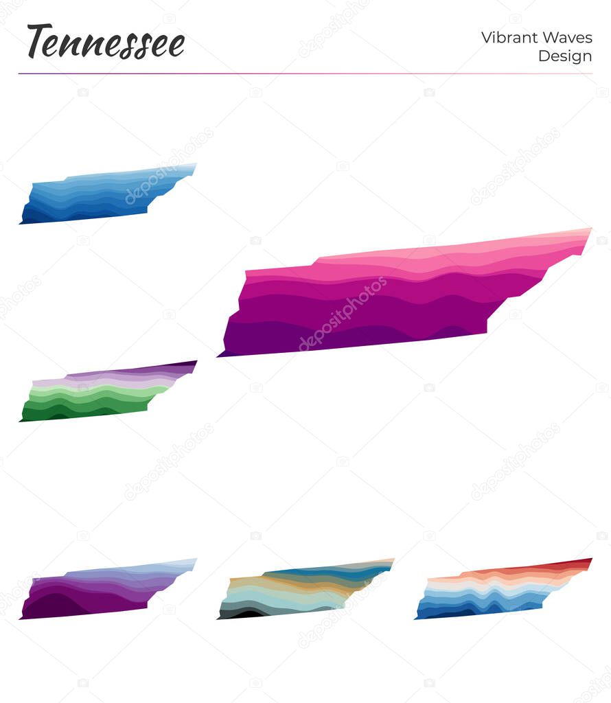 Set of vector maps of Tennessee Vibrant waves design Bright map of us state in geometric smooth