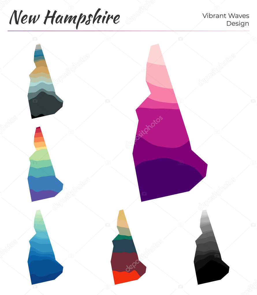 Set of vector maps of New Hampshire Vibrant waves design Bright map of us state in geometric