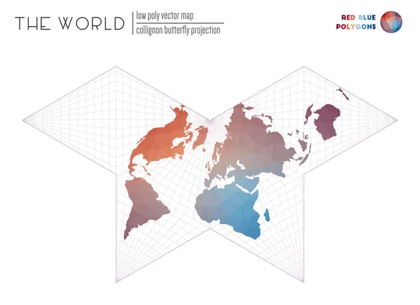 世界の多角形の地図世界のCollignon蝶の投影赤青色多角形 — ストックベクタ