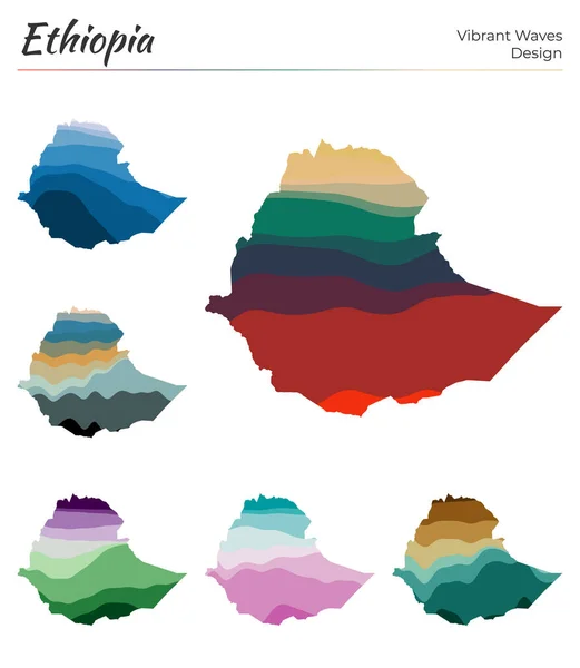 Állítsa be a vektor térképek Etiópia Vibráns hullámok design Fényes térképe ország geometriai sima — Stock Vector