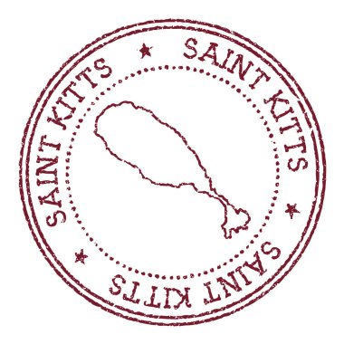 Saint Kitts, üzerinde ada haritası olan lastik bir damga. Dairesel metin ve yıldızlı klasik kırmızı pasaport damgası, vektör illüstrasyonu.