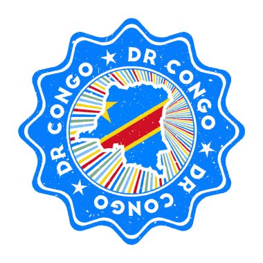 DR Kongo, ülke haritası ve ülke bayraklı grunge pulu. Dairesel metin ve yıldızlı klasik rozet, vektör illüstrasyonu.