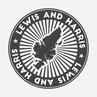 Lewis ve Harris yuvarlak logo. Dairesel adı ve ada haritası olan klasik seyahat rozeti, vektör çizimi. Lewis ve Harris 'in amblemi, amblemi, etiketi, çıkartması ya da rozeti olarak kullanılabilir..