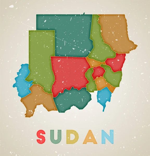 Sudan Haritası Renkli Bölgeleri Olan Taşra Posteri Eski Grunge Dokusu — Stok Vektör