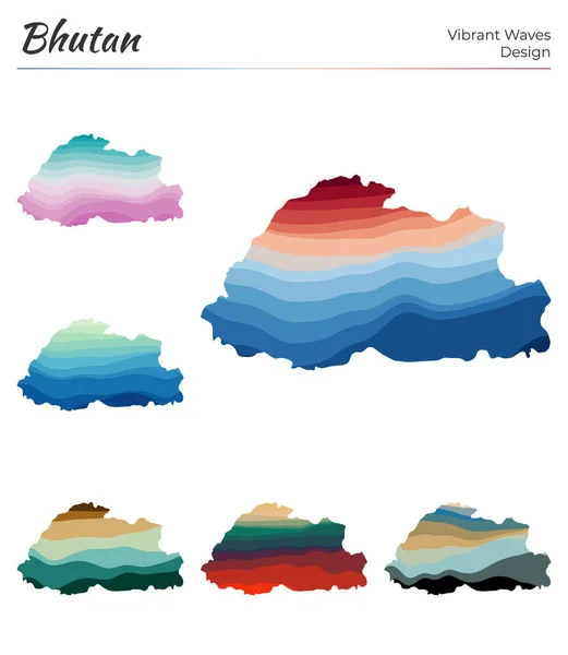 Set Vector Maps Bhutan Vibrant Waves Design Bright Map Country — Stock vektor