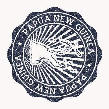 Papua Yeni Gine pulu. Üzerinde ülke adı ve haritası olan lastik damga ile seyahat et, vektör çizimi. Papua Yeni Gine 'nin amblemi, amblemi, etiketi, çıkartması veya rozeti olarak kullanılabilir..
