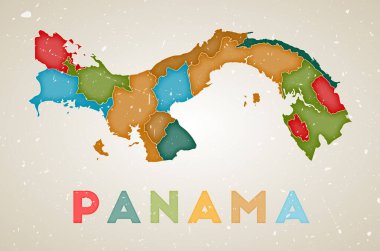 Panama haritası. Renkli bölgeleri olan taşra posteri. Eski grunge dokusu. Panama 'nın ülke adına vektör illüstrasyonu.
