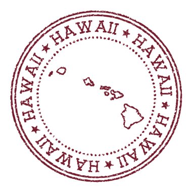 Hawaii lastik damgalı, ada haritalı. Dairesel metin ve yıldızlı kırmızı pasaport damgalı.