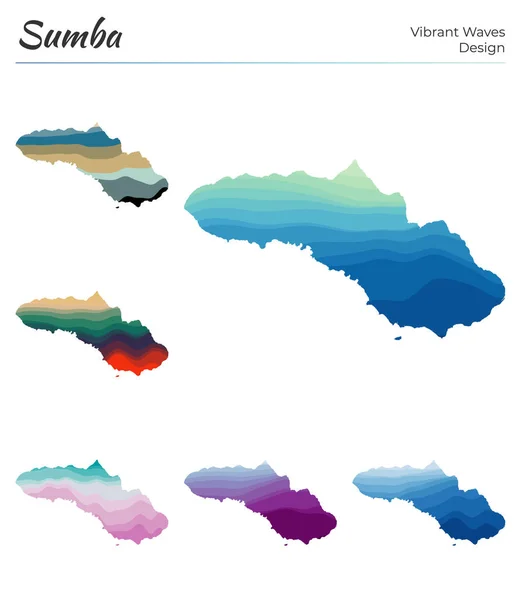 Ensemble Cartes Vectorielles Sumba Conception Ondes Vibrantes Carte Lumineuse Île — Image vectorielle
