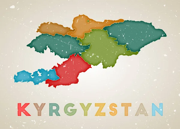 Mapa do Quirguistão Cartaz do país com regiões coloridas Textura grunge antiga Ilustração vetorial de —  Vetores de Stock