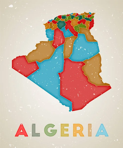 Algerien Landkarte Poster mit farbigen Regionen Alte Grunge Textur Vektorillustration von Algerien — Stockvektor