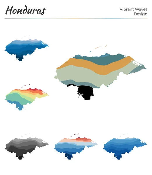 Állítsa be a vektor térképek Honduras Vibráns hullámok design Fényes térképe ország geometriai sima — Stock Vector