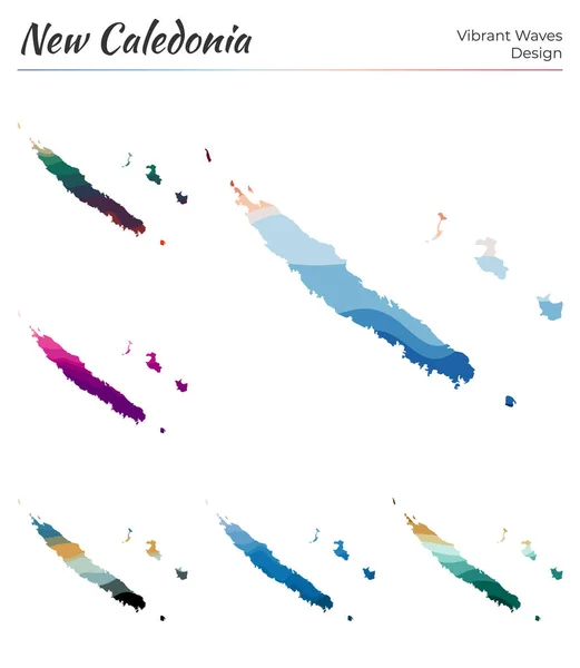 Serie di mappe vettoriali della Nuova Caledonia Design a onde vibranti Luminosa mappa del paese in liscio geometrico — Vettoriale Stock