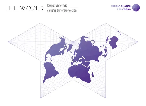 Mappa del mondo astratta Collignon butterfly proiezione del mondo Tonalità Viola poligoni colorati — Vettoriale Stock