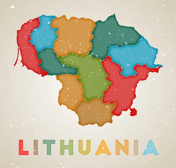 Lithuania map Ország poszter színes régiókkal Régi grunge textúra Vector illustration of — Stock Vector