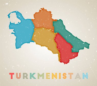 Türkmenistan Harita Ülke posteri renkli bölgelerle Eski grunge doku vektörü illüstrasyonu
