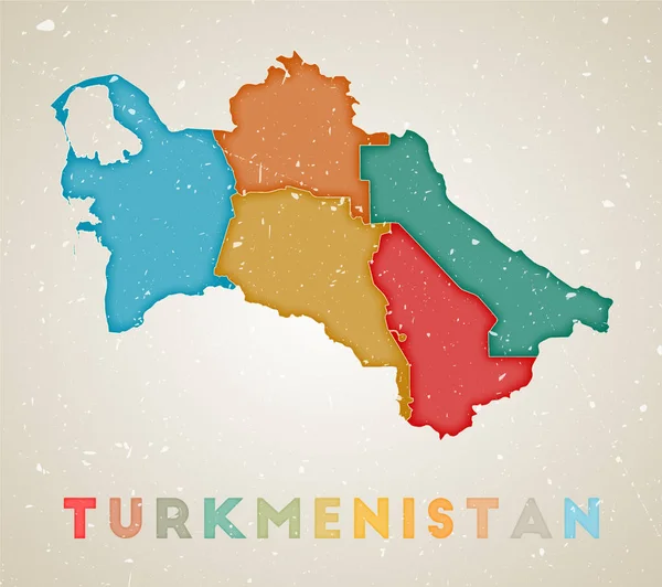 Turkmenistan mapa País cartaz com regiões coloridas Velha textura grunge Vetor ilustração de —  Vetores de Stock