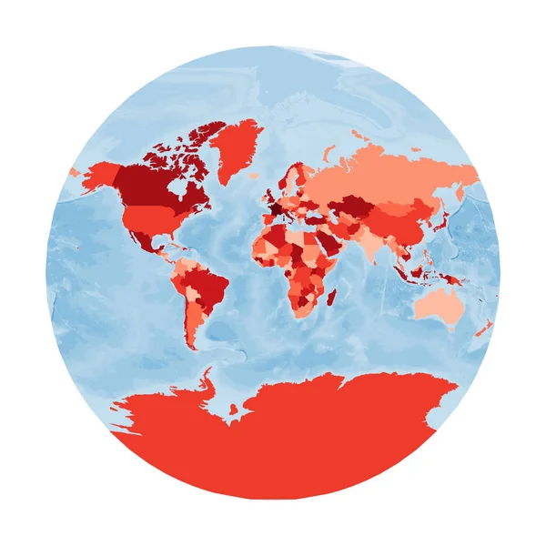 Mapa do Mundo Projeção de Van der Grinten III Mundo em cores vermelhas com azul oceano Ilustração vetorial — Vetor de Stock