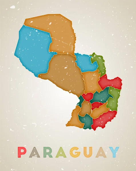 Paraguay map Country poster with colored regions Old grunge texture Vector illustration of — Stock Vector