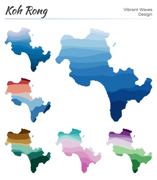 Conjunto de mapas vectoriales de Koh Rong Diseño de ondas vibrantes Mapa brillante de la isla en geometría lisa — Vector de stock