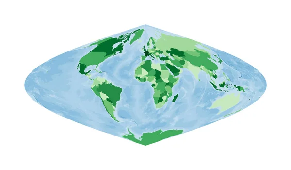 Mapa do Mundo Projecção sinusoidal Mundo em cores verdes com azul oceano Ilustração vetorial — Vetor de Stock