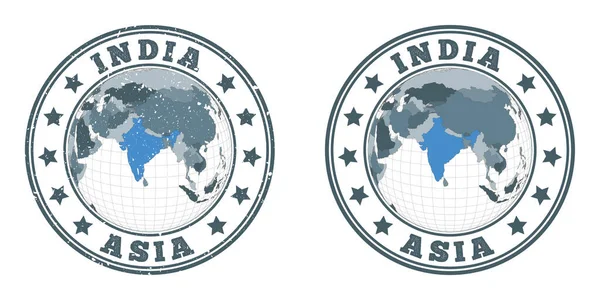 インドの丸いロゴ世界の文脈でインドの地図を持つ国の円形のバッジ平面的かつテクスチャ — ストックベクタ