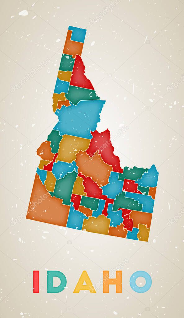 Idaho map Us state poster with colored regions Old grunge texture Vector illustration of Idaho