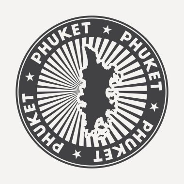 Phuket yuvarlak logosu dairesel adı ve ada vektörünün haritası olan Vintage seyahat rozeti