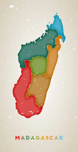 Madagaskar karta Land affisch med färgade regioner Gamla grunge textur vektor illustration av — Stock vektor