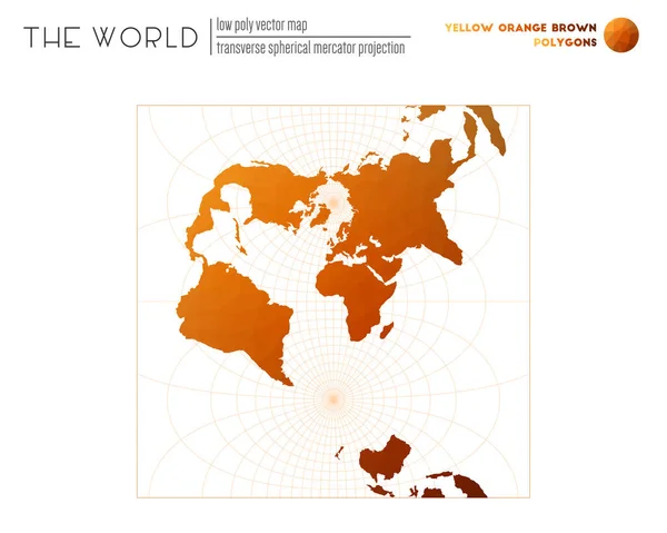 Mappa del mondo poligonale Proiezione trasversale sferica Mercatore del mondo Giallo Arancione Marrone — Vettoriale Stock