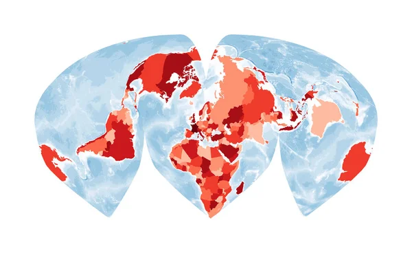 Dünya Haritası Alan K. Philbrick SinuMollweide projeksiyonunu kesti Kırmızı renkte mavi ile dünya — Stok Vektör