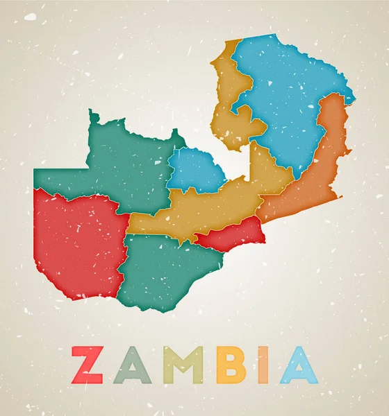 Zambia kort Landeplakat med farvede regioner Gammel grunge tekstur Vector illustration af Zambia – Stock-vektor