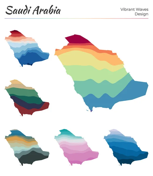 Conjunto de mapas vectoriales de Arabia Saudita Diseño de ondas vibrantes Mapa brillante del país en suave geométrico — Archivo Imágenes Vectoriales