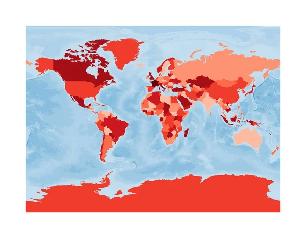Mapa do Mundo Projeção cilíndrica de Miller Mundo em cores vermelhas com azul oceano Ilustração vetorial — Vetor de Stock