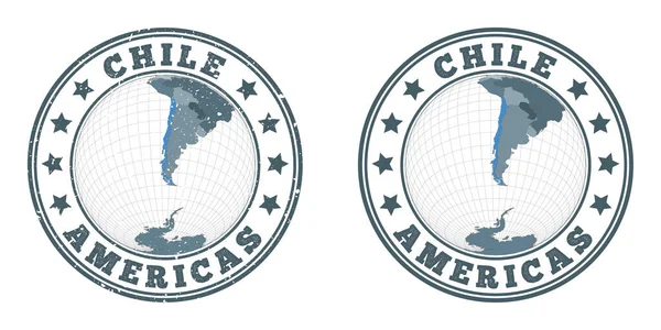 Cile loghi rotondi Distintivi circolari del paese con mappa del Cile nel contesto mondiale Pianura e strutturata — Vettoriale Stock