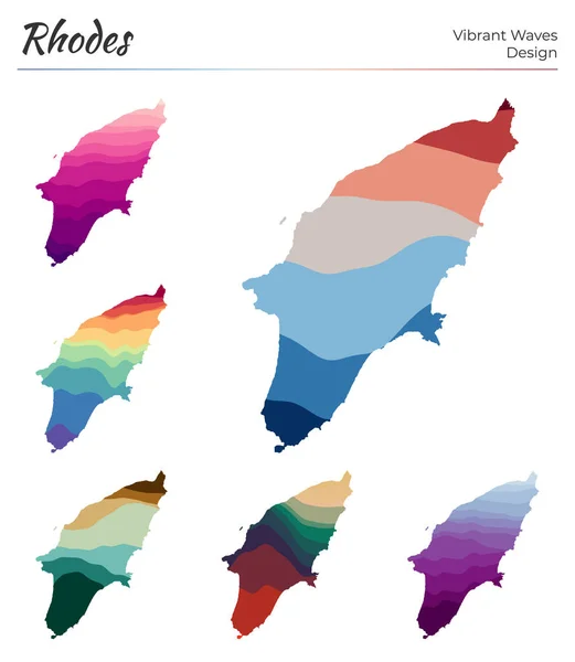 Rhodes Vibrant dalgalarının vektör haritaları geometrik düz eğrilerle adanın parlak haritasını dizayn eder — Stok Vektör