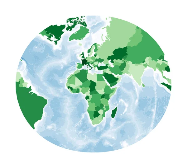 Mapa del Mundo Proyección estereográfica modificada para Europa y África Mundo en colores verdes con azul — Vector de stock